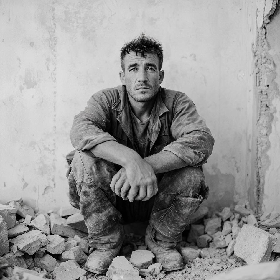 A 30-year-old man from Bosnia and Herzegovina, exhausted, wearing dirty clothes from working in construction, surrounded by rubble in a half-demolished room, black and white photograph.