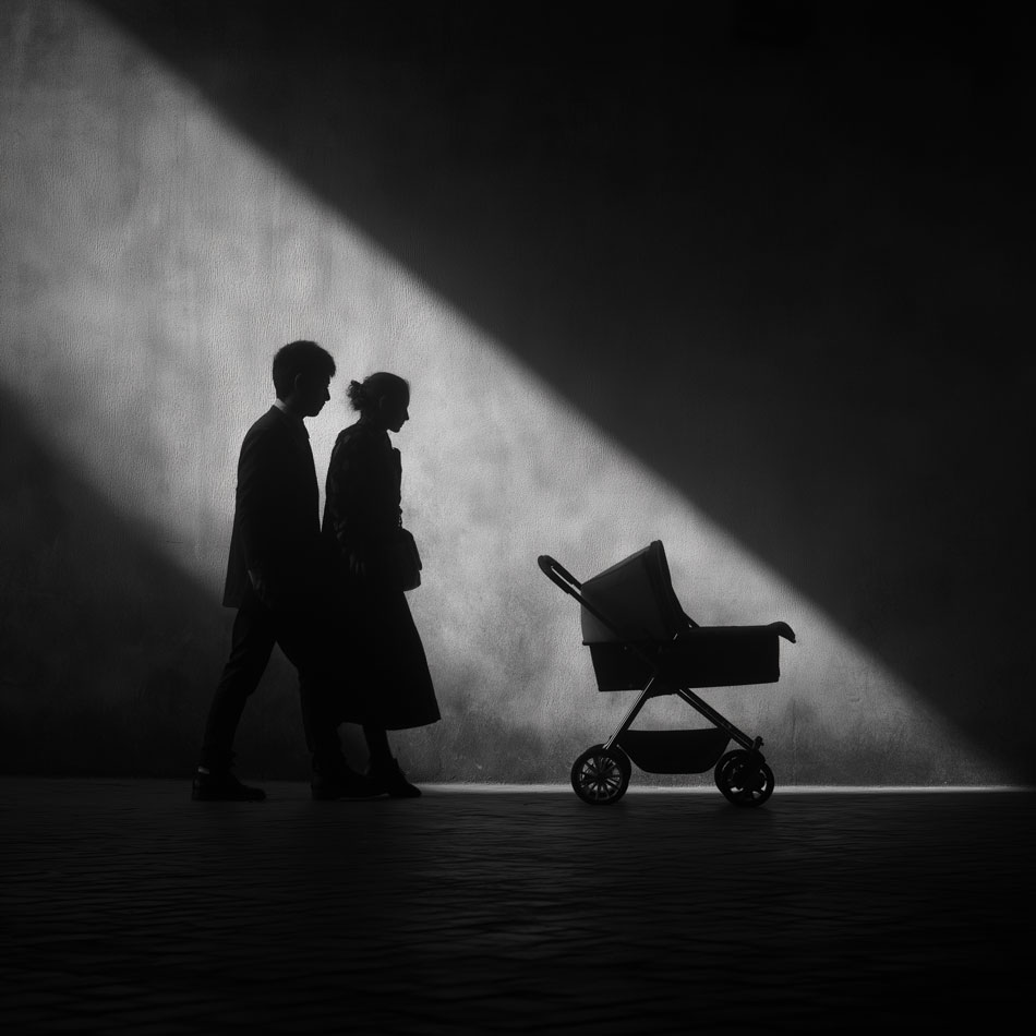 A couple consoles each other in dismay, with an empty pram out of focus in the background. Black and white photojournalism style.